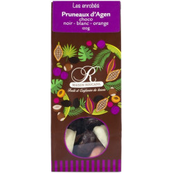 enrobés pruneaux choco noir, blanc, orange