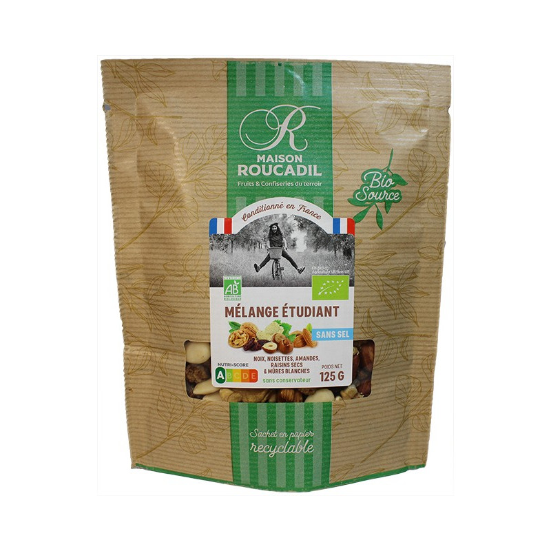 Mélange étudiant noix, noisettes, amandes, raisins, mûres blanches 125g Mélange étudiant noix, noisettes, amandes, raisins, mûres blanches 125g