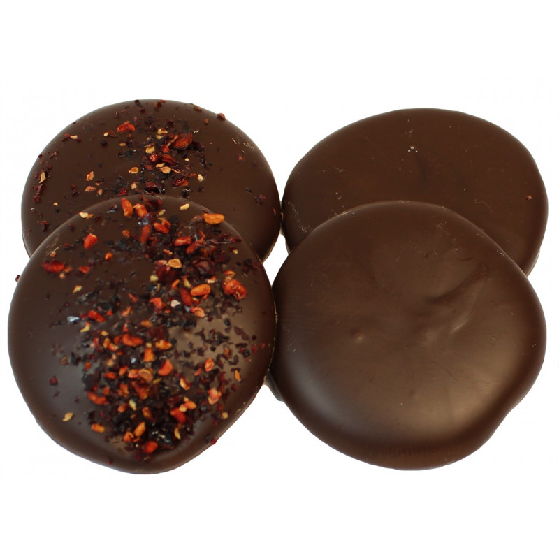 Palets au chocolat noir - Coeur framboise et menthe fraîche - 125g